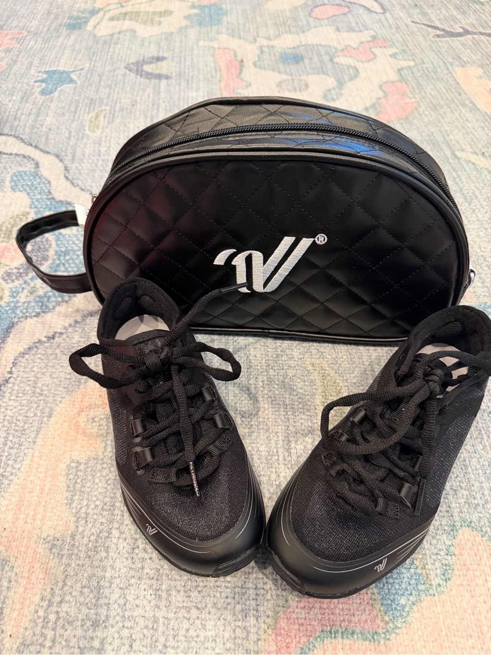 'NV' Quilted Black Cosmetic Bag with Matching Black Sneakers